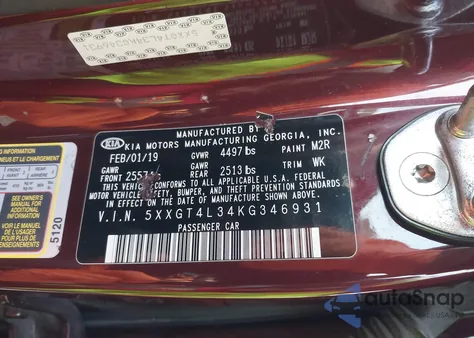2019 Kia Optima Lx from USA, damaged, VIN 5XXGT4L34KG346931
